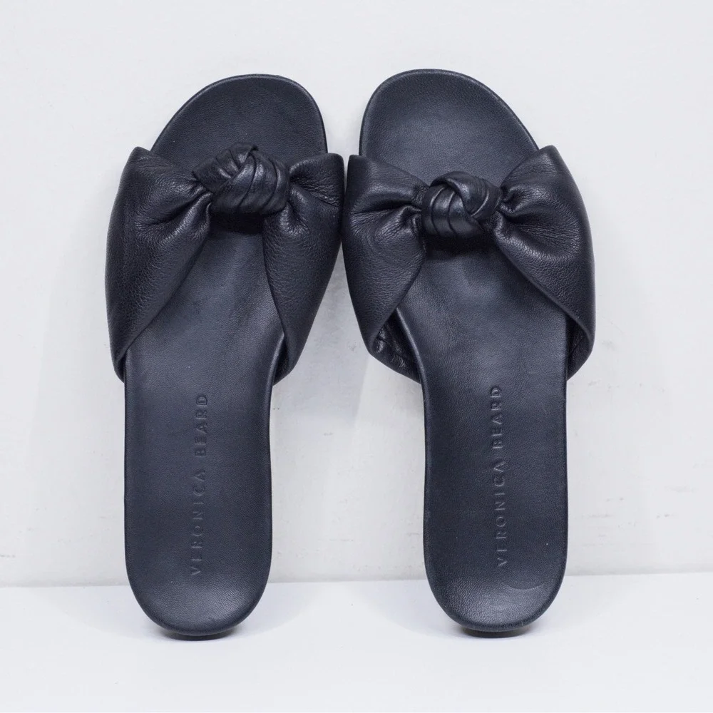 VERONICA BEARD Knotted Bow‎ Leather Slide Sandals Flat Summer Black Sz 5